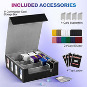 Trading Card Storage Box with Commander Display, 5-Row Deck Case with Removable Lid; 3900+ Card Deck Box for MTG TCG Sports, 5 Toploaders, 5 Stoppers, 48 Dividers,1 Dice Tray