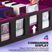 Trading Card Storage Box with Commander Display, 5-Row Deck Case with Removable Lid; 3900+ Card Deck Box for MTG TCG Sports, 5 Toploaders, 5 Stoppers, 48 Dividers,1 Dice Tray