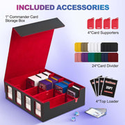 Trading Card Storage Box with Commander Display, 5-Row Deck Case with Removable Lid; 3900+ Card Deck Box for MTG TCG Sports, 5 Toploaders, 5 Stoppers, 48 Dividers,1 Dice Tray