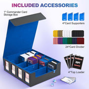 Trading Card Storage Box with Commander Display, 5-Row Deck Case with Removable Lid; 3900+ Card Deck Box for MTG TCG Sports, 5 Toploaders, 5 Stoppers, 48 Dividers,1 Dice Tray