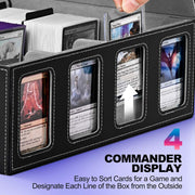 Trading Card Storage Box with Commander Display, 5-Row Deck Case with Removable Lid; 3900+ Card Deck Box for MTG TCG Sports, 5 Toploaders, 5 Stoppers, 48 Dividers,1 Dice Tray