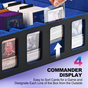 Trading Card Storage Box with Commander Display, 5-Row Deck Case with Removable Lid; 3900+ Card Deck Box for MTG TCG Sports, 5 Toploaders, 5 Stoppers, 48 Dividers,1 Dice Tray