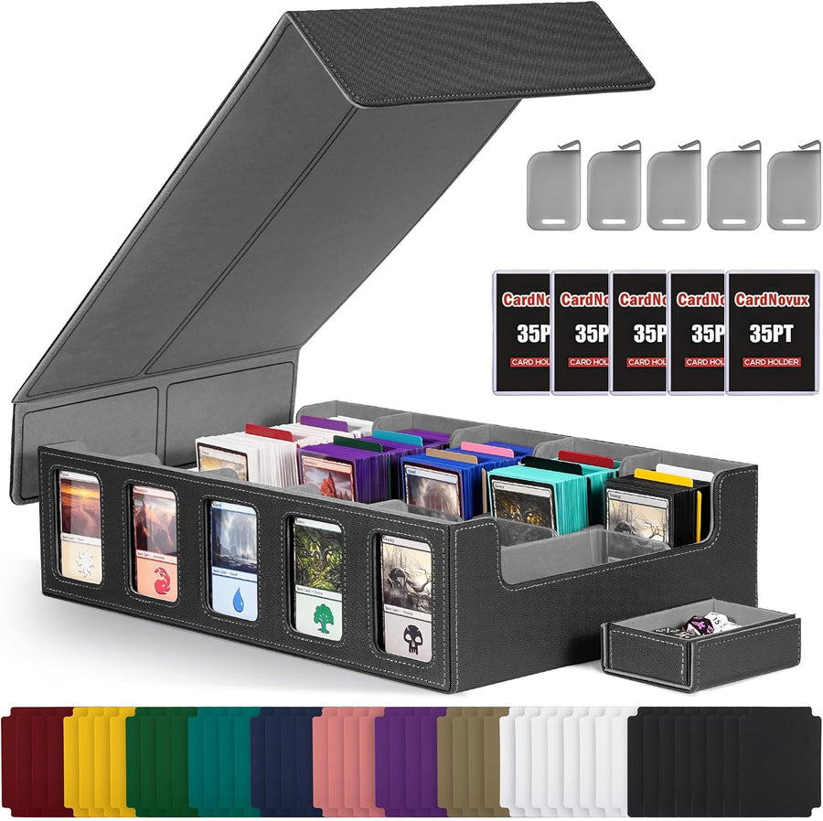 Trading Card Storage Box with Commander Display, 5-Row Deck Case with Removable Lid; 3900+ Card Deck Box for MTG TCG Sports, 5 Toploaders, 5 Stoppers, 48 Dividers,1 Dice Tray