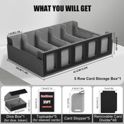Trading Card Storage Box with Commander Display, 5-Row Deck Case with Removable Lid; 3900+ Card Deck Box for MTG TCG Sports, 5 Toploaders, 5 Stoppers, 48 Dividers,1 Dice Tray