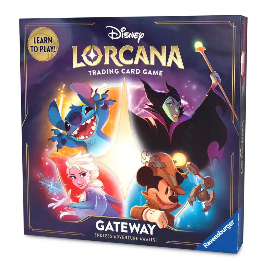 Disney Lorcana Trading Card Game 'Gateway' box cover shown at a slight angle, featuring Disney characters including Stitch, Maleficent, Elsa, and Mickey Mouse on a dark purple illustrated background. Ravensburger branding is visible on the lower right.